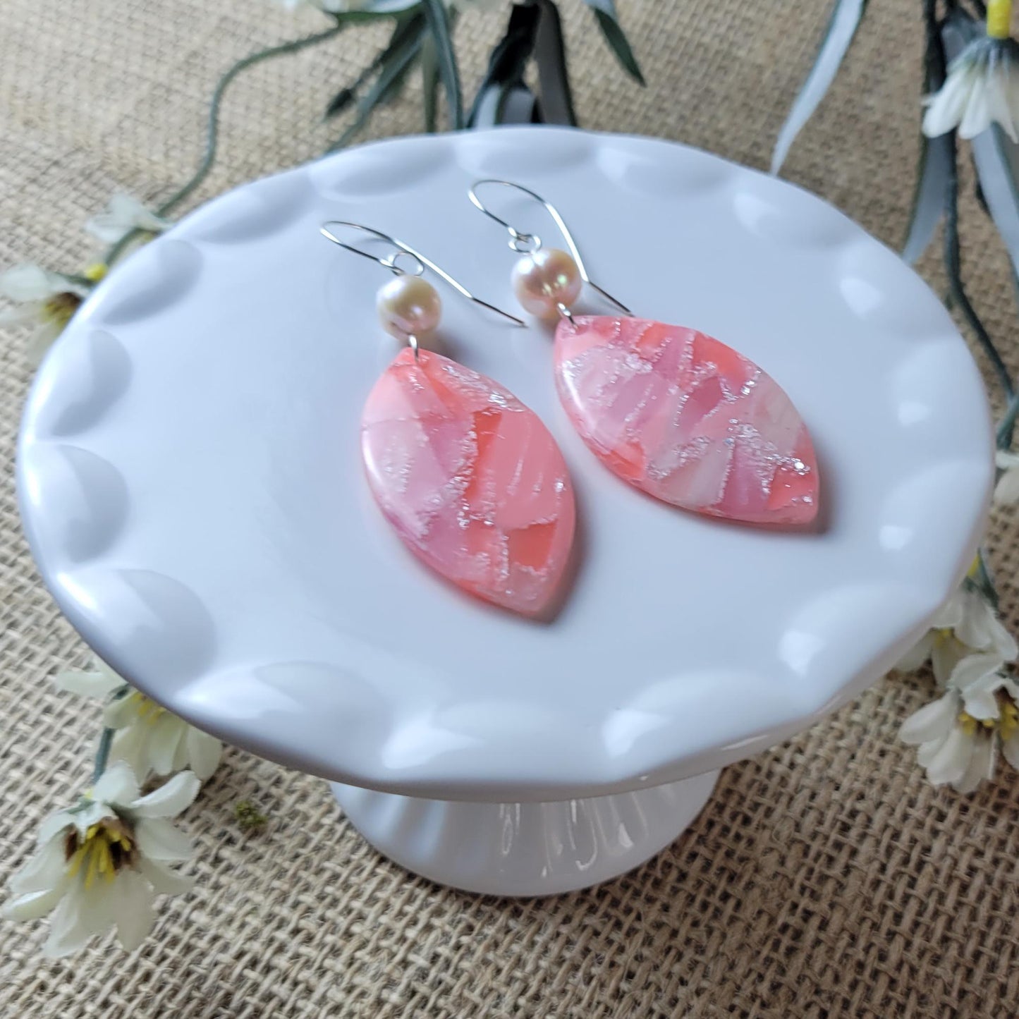 Rose Quartz Clay Earrings – Crystal-Inspired Jewelry for Love & Healing, Lightweight Dangle, Handmade Gift for Her, Boho Spiritual Style
