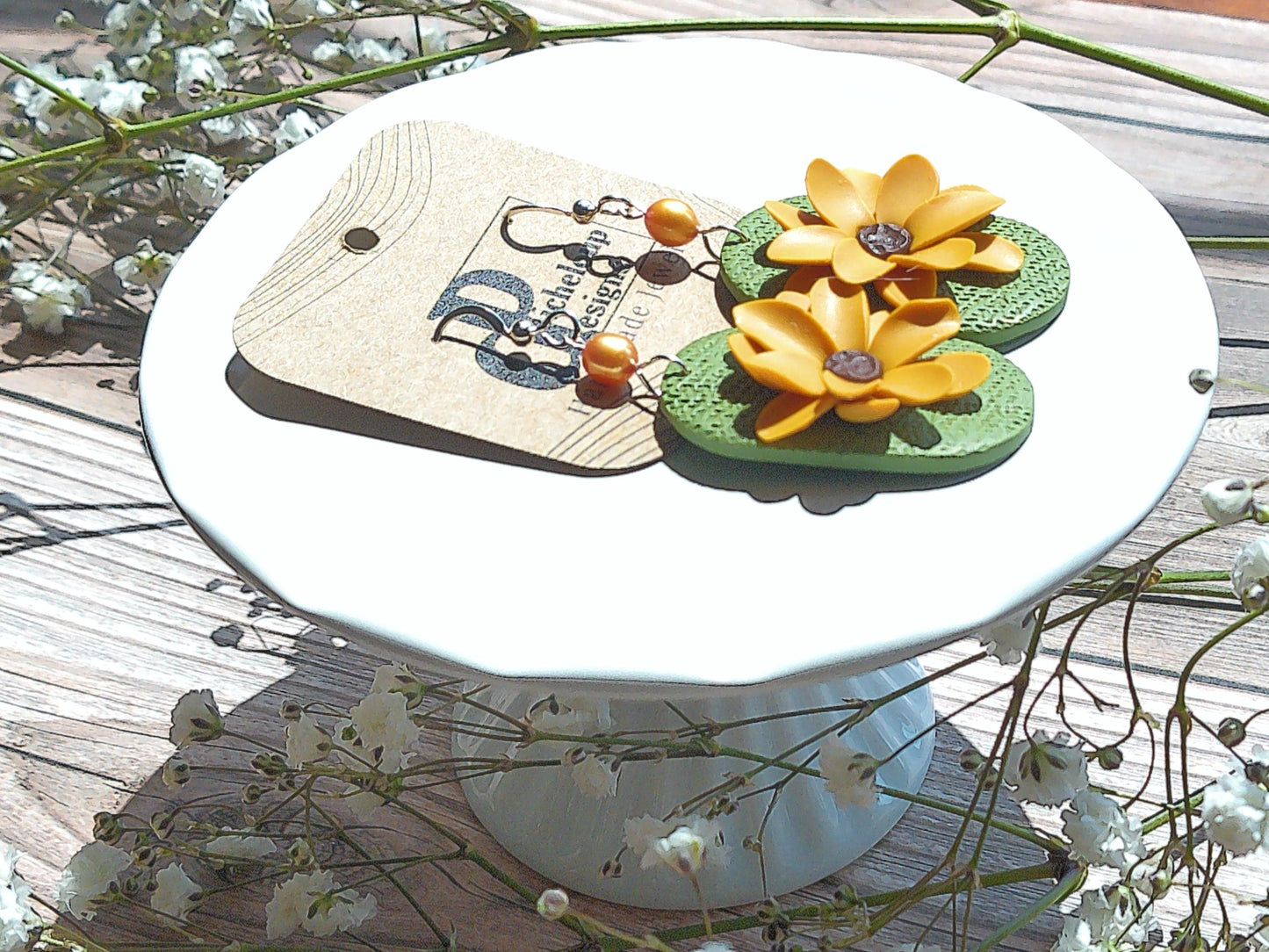 Sun Meadow Earrings – Sunflower Polymer Clay Dangles with Freshwater Pearl & Sterling Silver Hooks