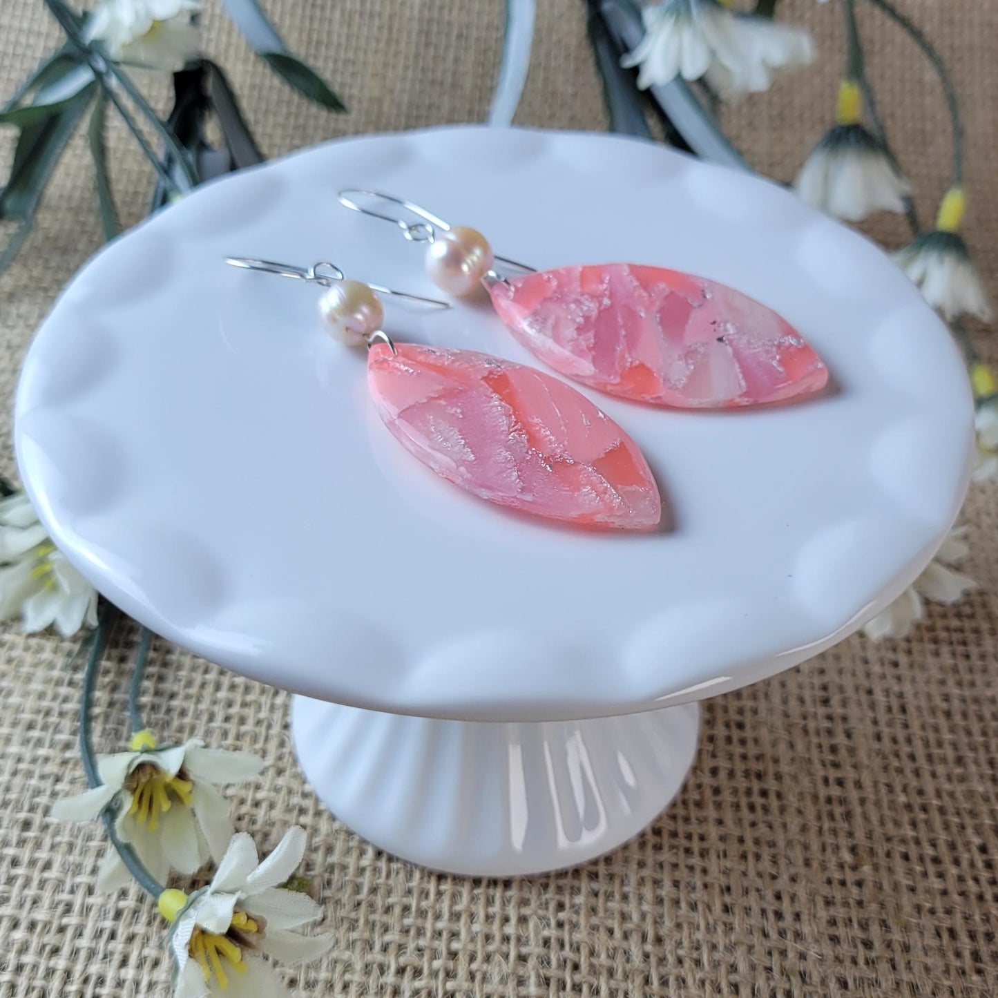 Rose Quartz Clay Earrings – Crystal-Inspired Jewelry for Love & Healing, Lightweight Dangle, Handmade Gift for Her, Boho Spiritual Style