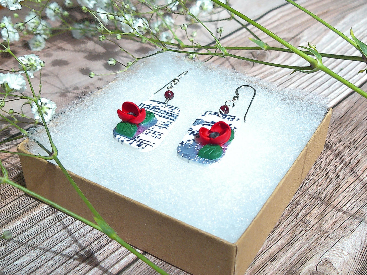 Crescendo Earrings – Rhombus Music Note Dangles with Garnet & Floral Accents