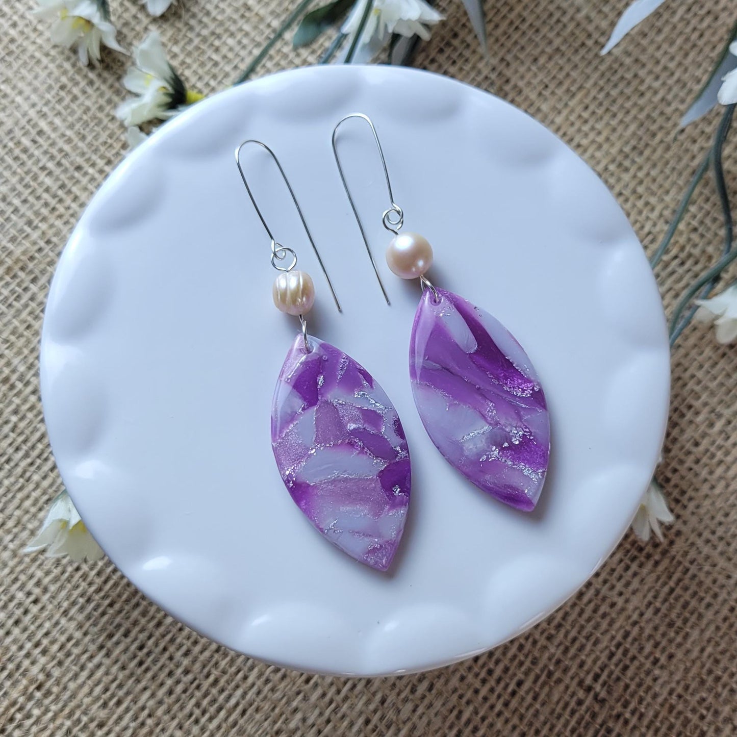 Amethyst Clay Earrings – Minimalist Crystal-Inspired Dangles, Lightweight & Handmade, Modern Jewelry Gift, Sterling Silver Hooks