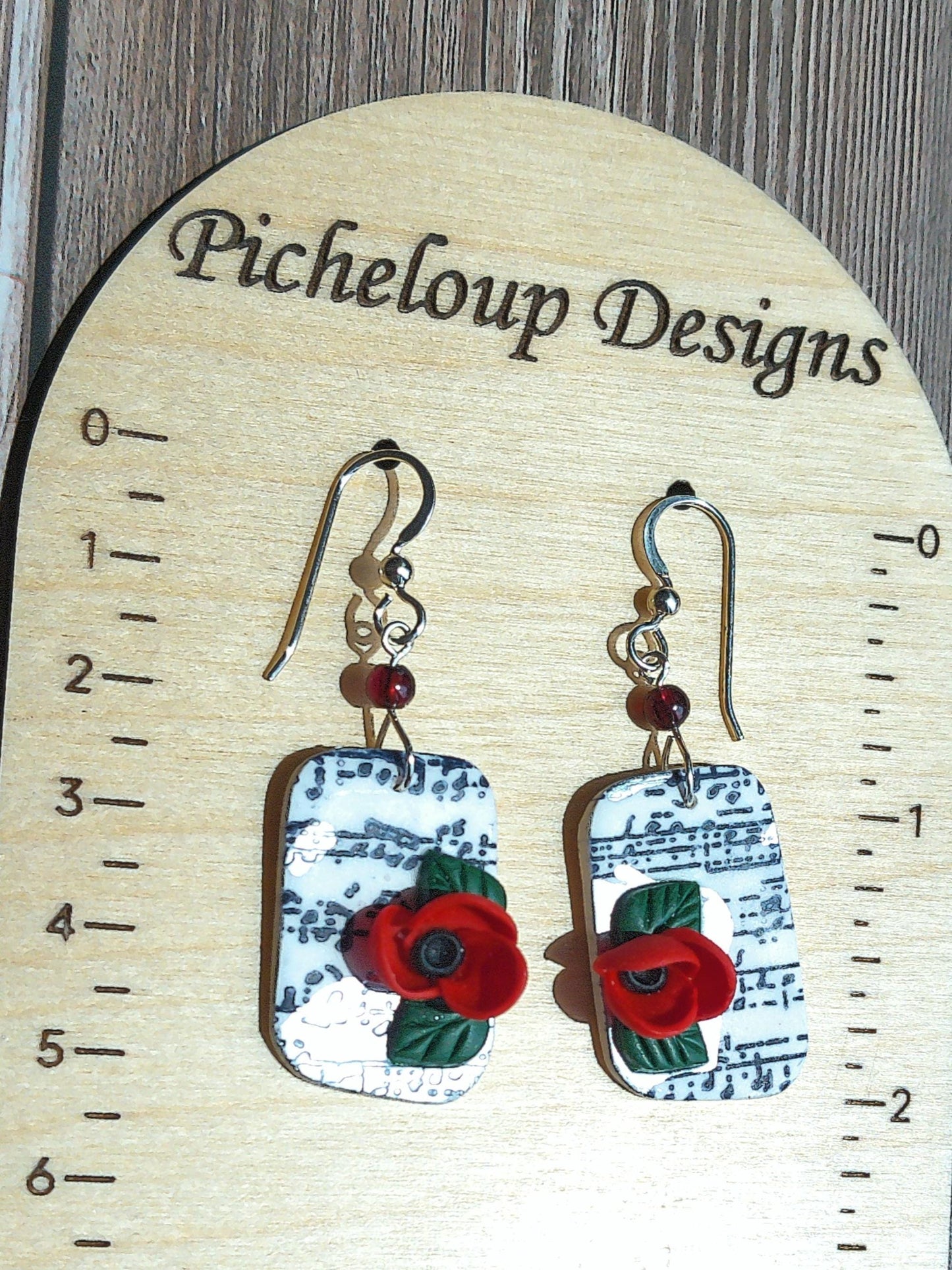 Crescendo Earrings – Rhombus Music Note Dangles with Garnet & Floral Accents