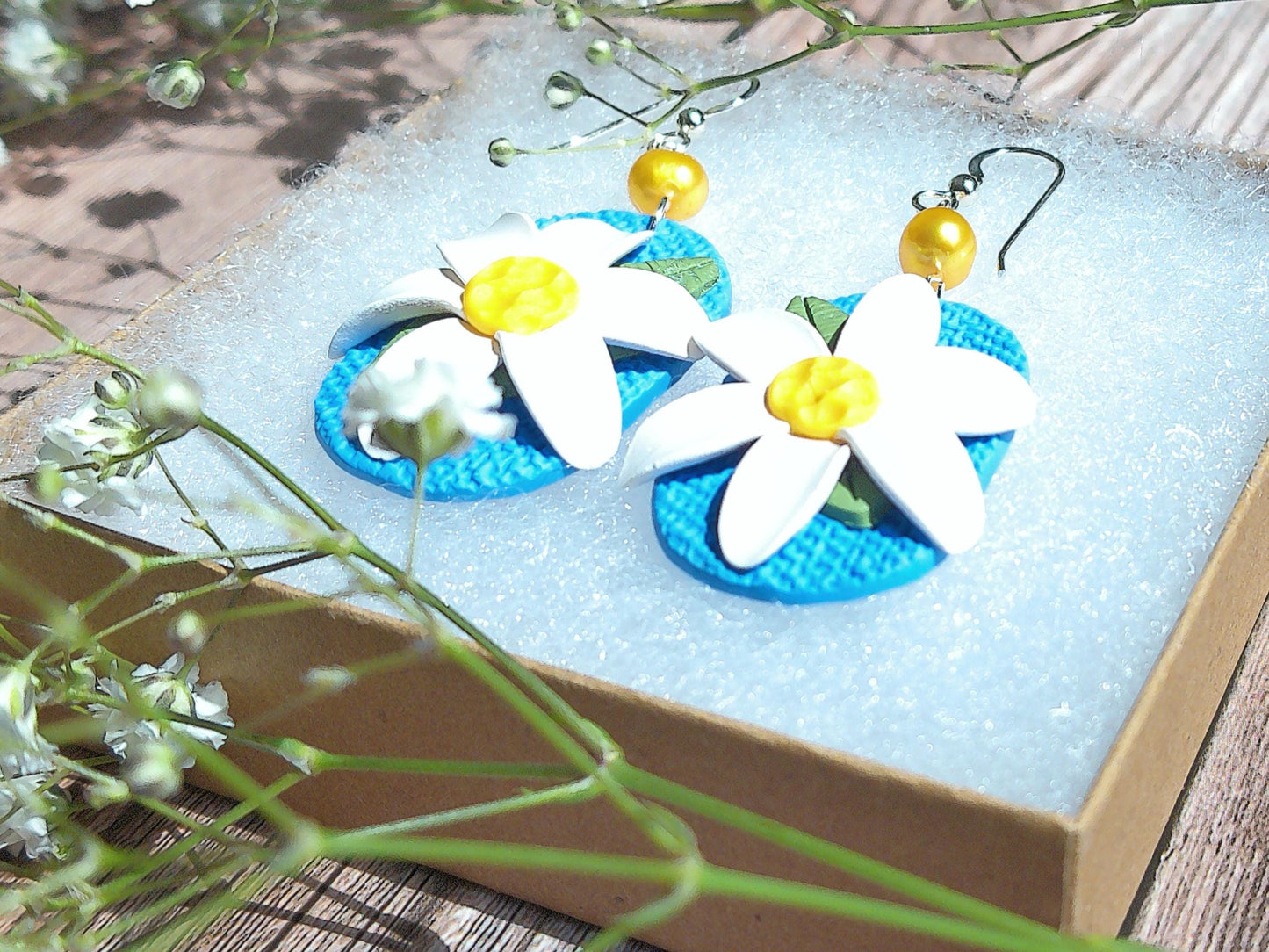 Wild Daisy Bloom Earrings – Blue Polymer Clay Floral Dangles with Freshwater Pearl & Sterling Silver Hooks