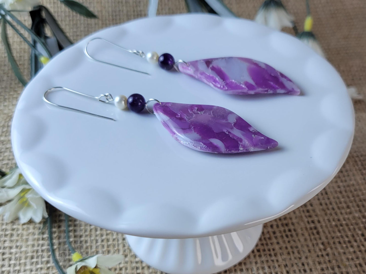 Amethyst Clay Earrings – Crystal-Inspired Jewelry for Intuition & Calm, Lightweight Handmade Dangles, Spiritual Gift for Her, Boho Style