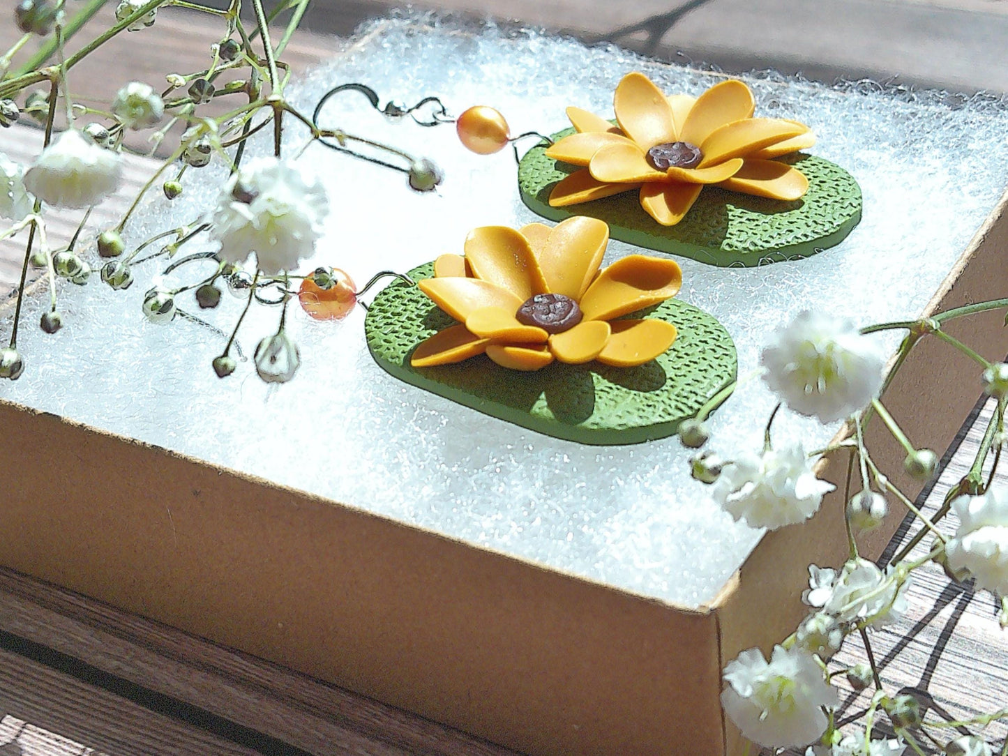 Sun Meadow Earrings – Sunflower Polymer Clay Dangles with Freshwater Pearl & Sterling Silver Hooks