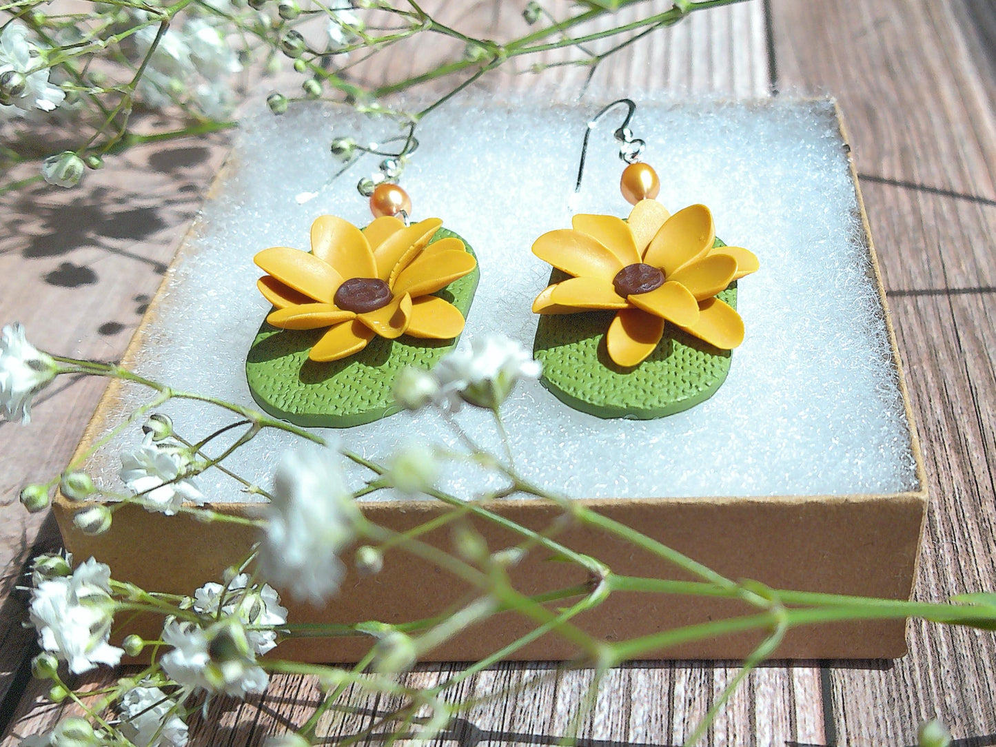 Sun Meadow Earrings – Sunflower Polymer Clay Dangles with Freshwater Pearl & Sterling Silver Hooks