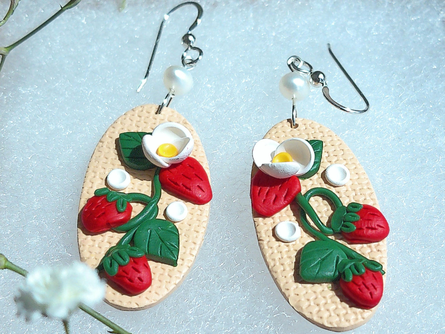 Strawberry Vine Earrings – Polymer Clay Garden Dangles with Freshwater Pearls & Sterling Silver Hooks