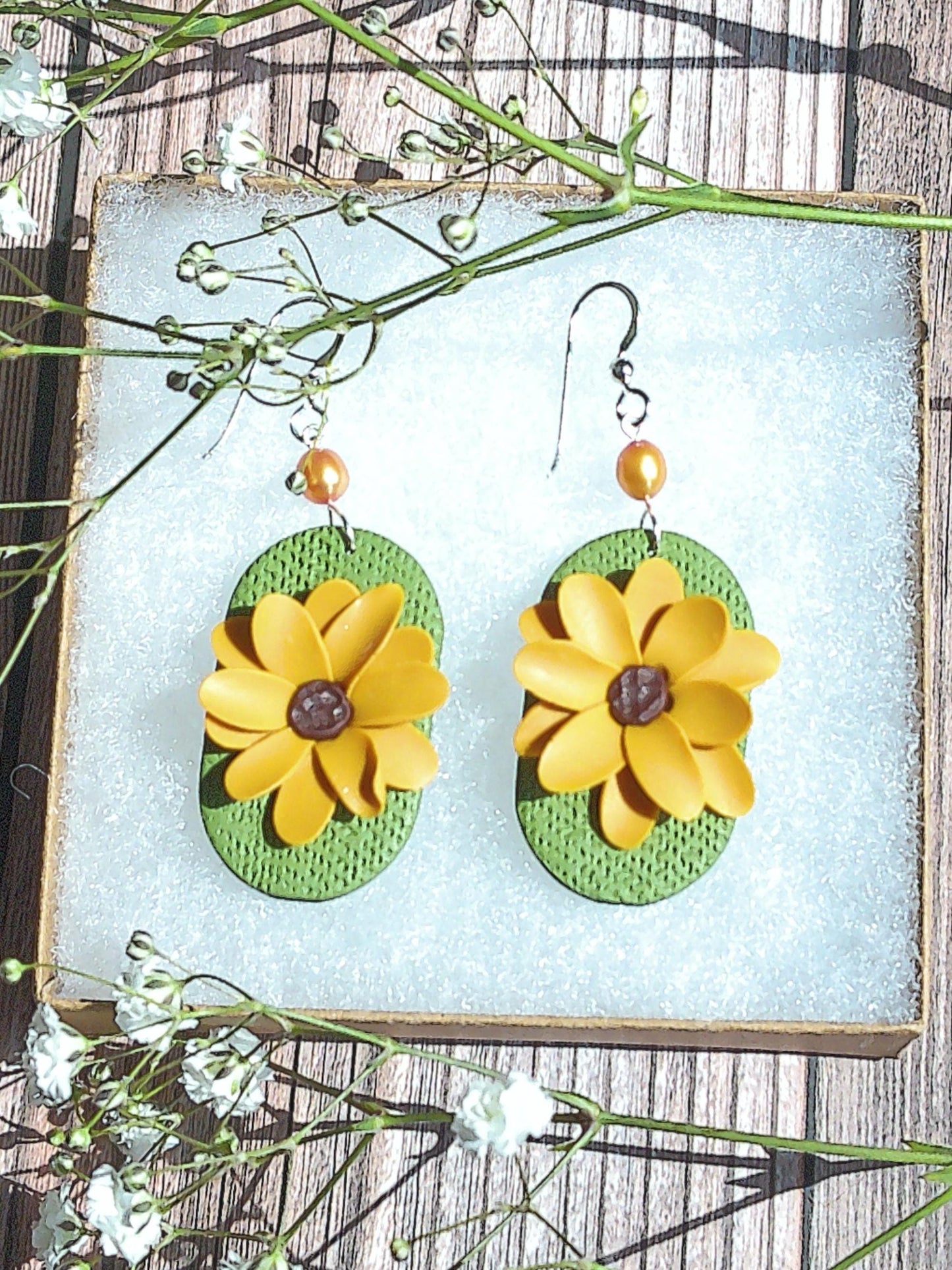 Sun Meadow Earrings – Sunflower Polymer Clay Dangles with Freshwater Pearl & Sterling Silver Hooks