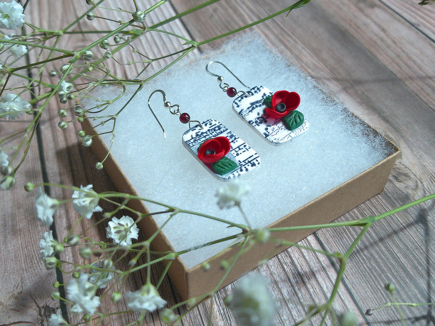 Crescendo Earrings – Rhombus Music Note Dangles with Garnet & Floral Accents