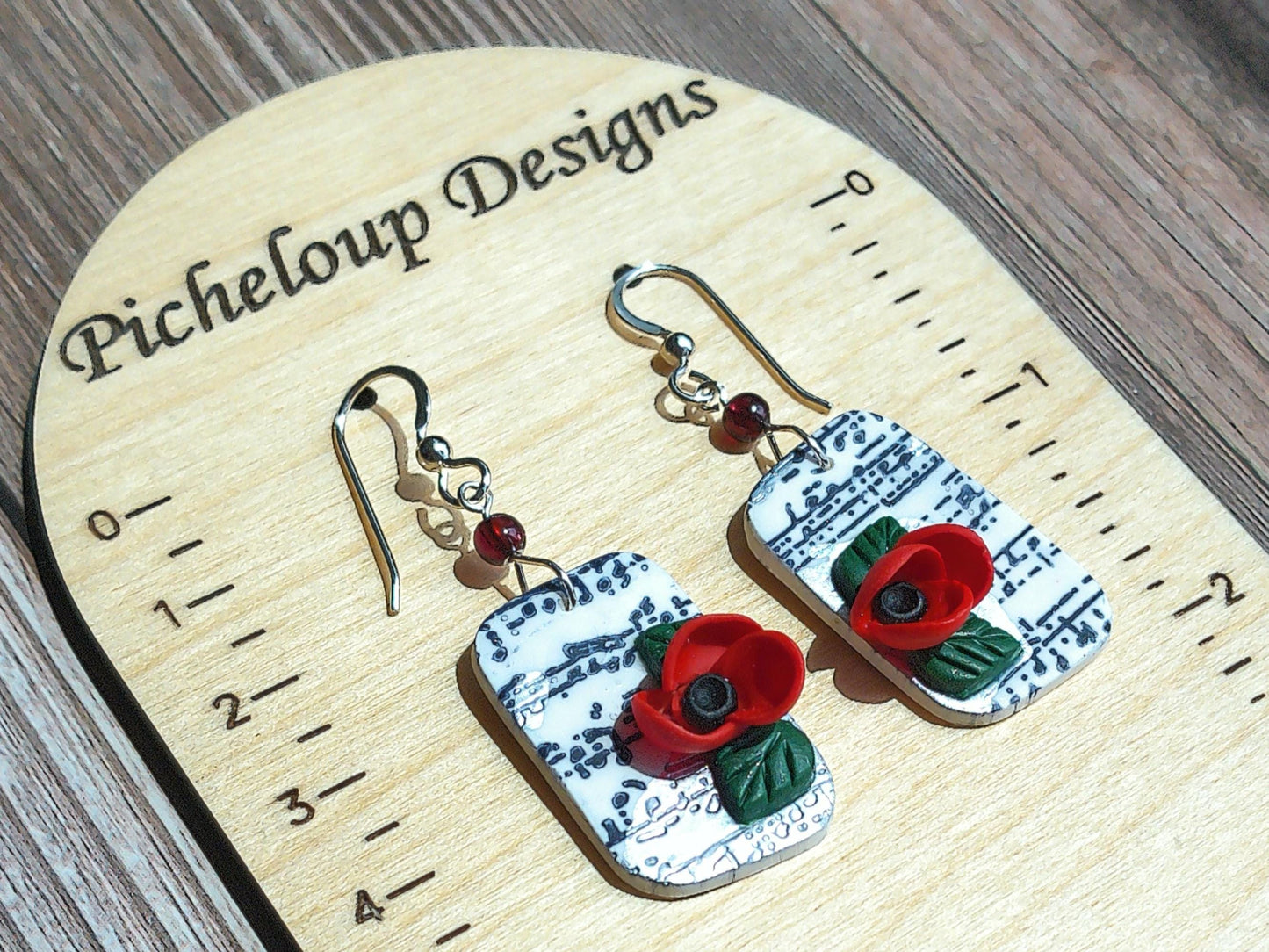 Crescendo Earrings – Rhombus Music Note Dangles with Garnet & Floral Accents