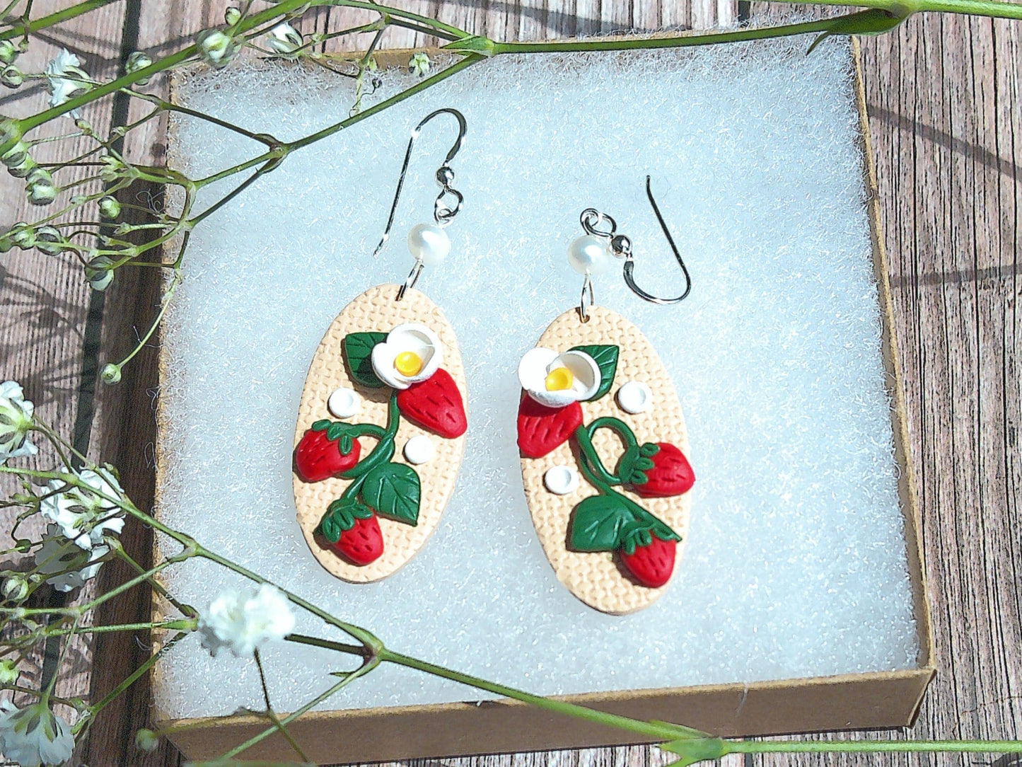 Strawberry Vine Earrings – Polymer Clay Garden Dangles with Freshwater Pearls & Sterling Silver Hooks